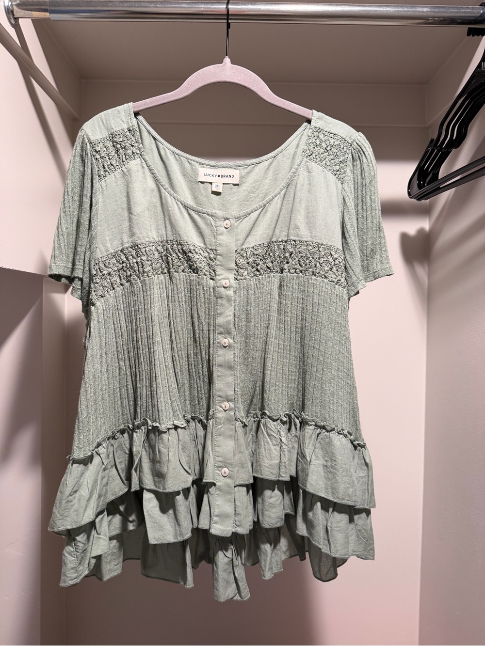 Lucky Brand Light Sage Button-Front Ruffle Peplum Top